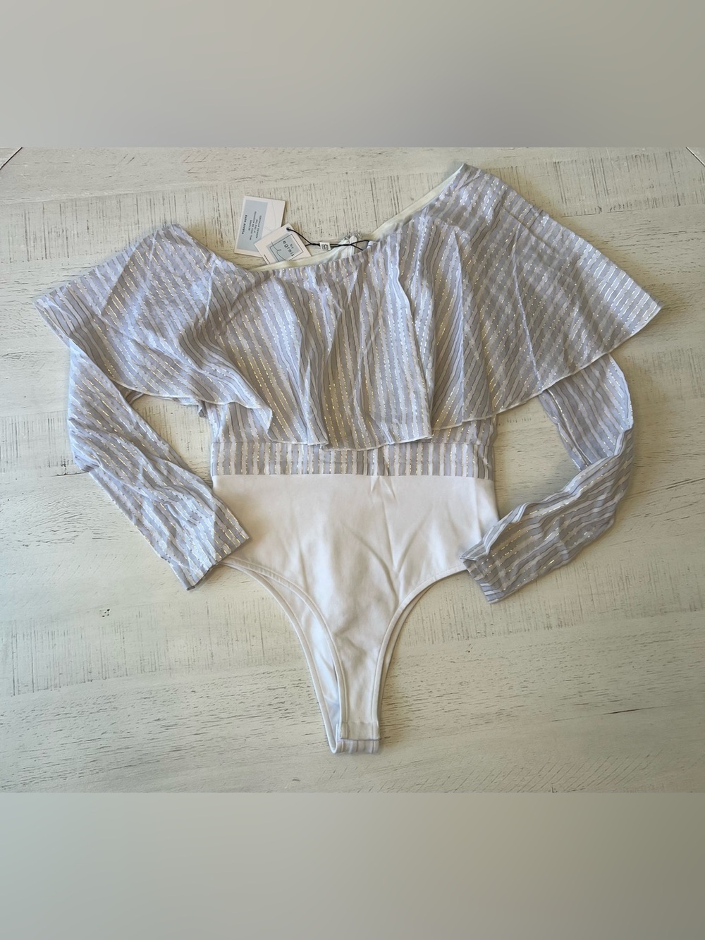 NWT By Egreis Off-Shoulder Ruffle Bodysuit - Picture 2 of 4